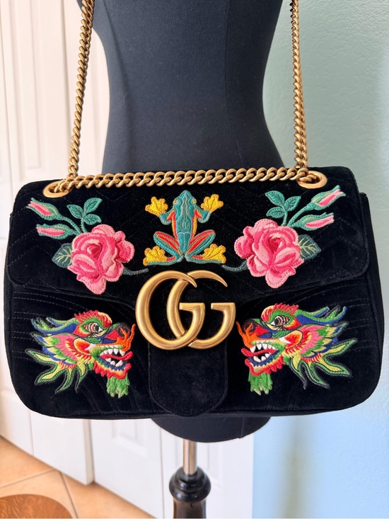 Gucci Handbags - Gucci Marmont Black Velvet Dragon Embroidered Bag with Gold Hardware